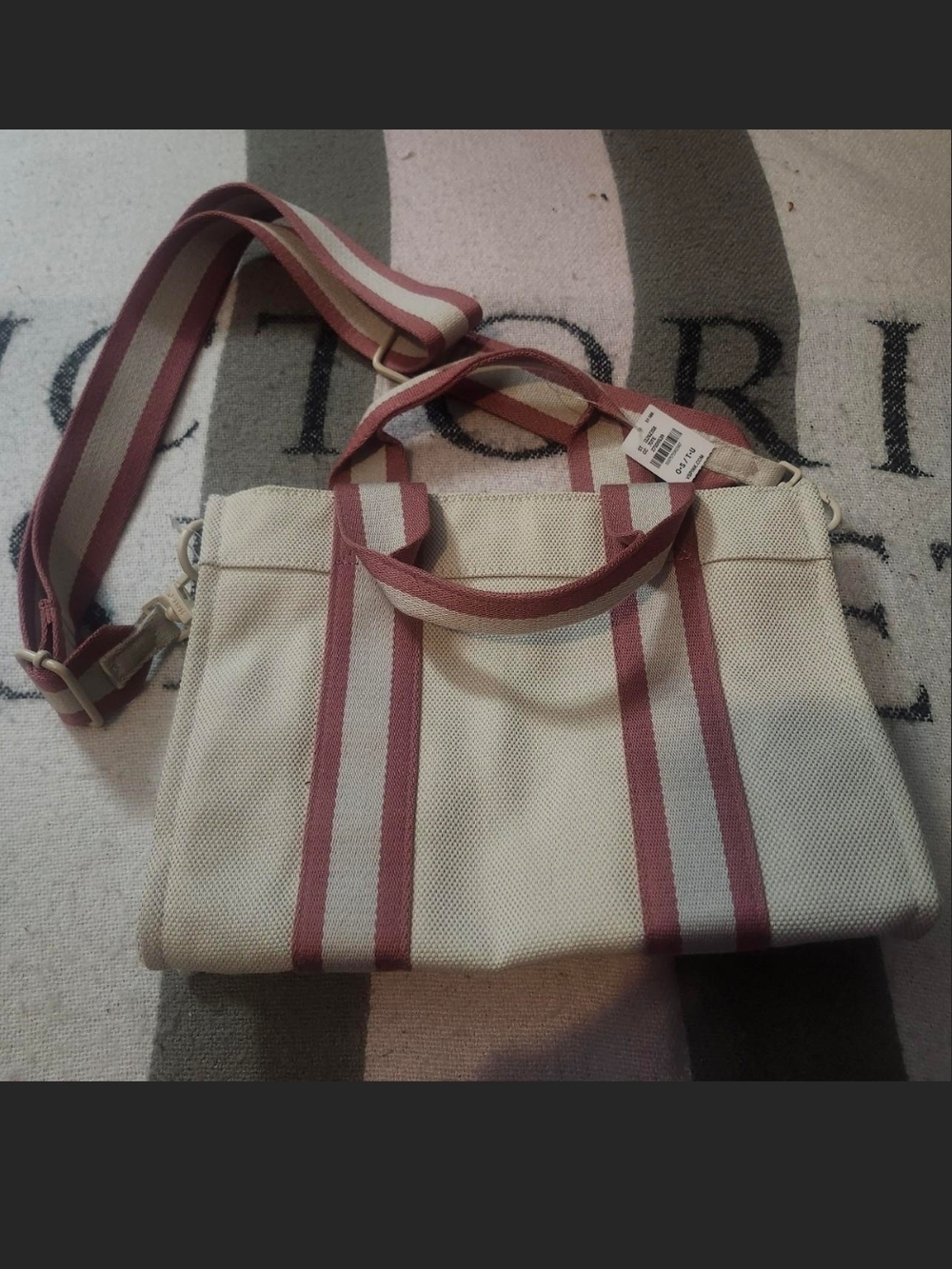 Victoria's Secret Cream Crossbody Tote with Pink Stripes